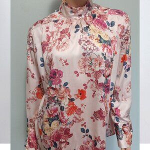 Zara Women Blouse Romantic Silky Long Sleeves Flowers Size Large